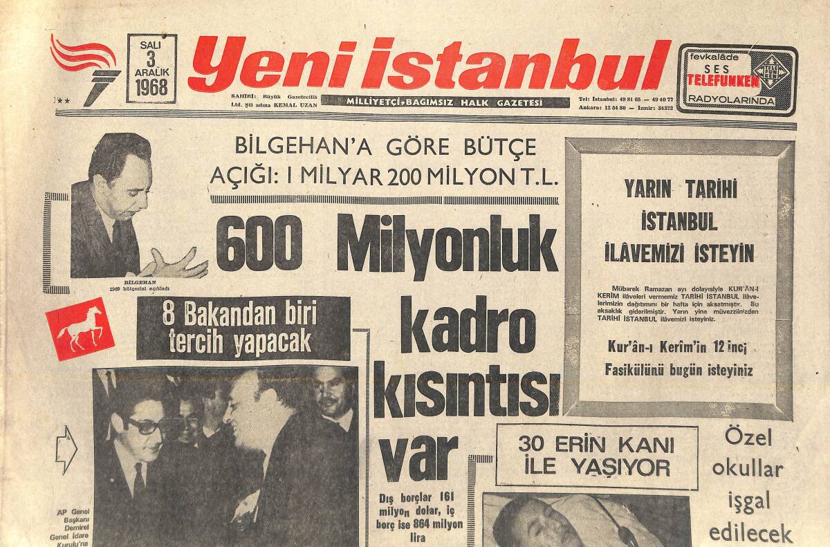 Yeni İstanbul Gazetesi 3 Aralık 1968 - Fenerbahçe Taraftarları Maçlara Gitmeyecek - 600 Milyonluk Kadro Kısıntısı Var GZ157048 - 1