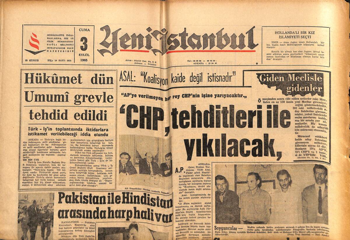 Yeni İstanbul Gazetesi 3 Eylül 1965 - Pakistan İle Hindistan Arasında Harp Hali Var - Hükümet Dün Umumi Grevle Tehdid Edildi GZ152761 - 1