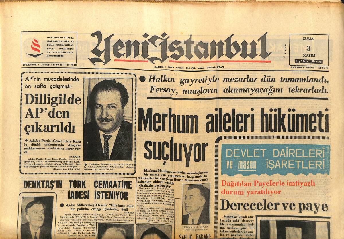 Yeni İstanbul Gazetesi 3 Kasım 1967 - Sunay'a Nişan Verildi - Masonlar Kendilerini Kainatın Üzerinde Görürler GZ152839 - 1