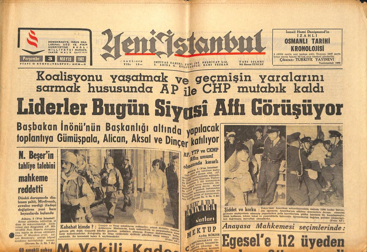 Yeni İstanbul Gazetesi 3 Mayıs 1962 - Liderler Bugün Siyasi Affı Görüşüyor - Cezayir'de Müslümanlara Karşı Şiddet GZ151137 - 1