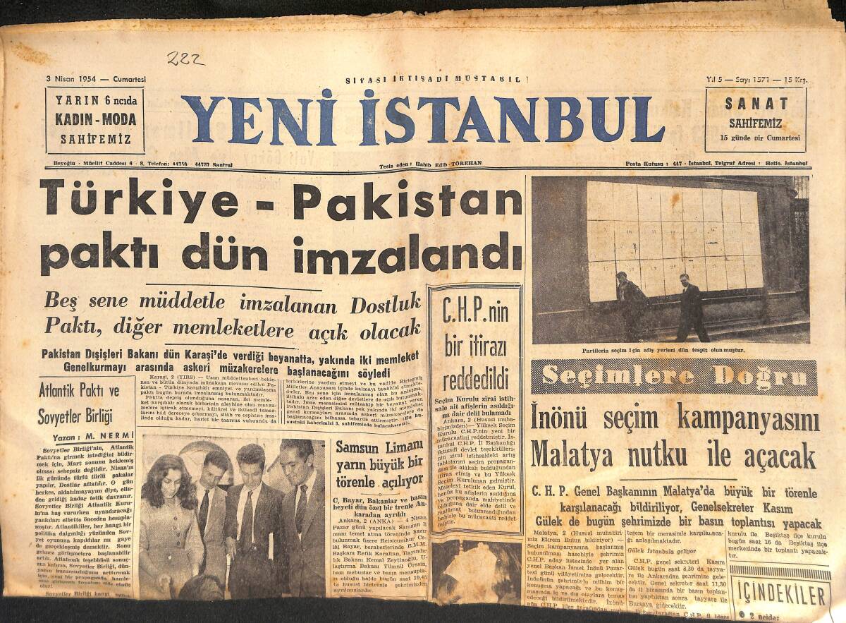 Yeni İstanbul Gazetesi 3 Nisan 1954 - Türkiye Pakistan Paktı Dün İmzalandı - İnönü Seçim Kampanyasını Malatya'da Açacak GZ133230 - 1