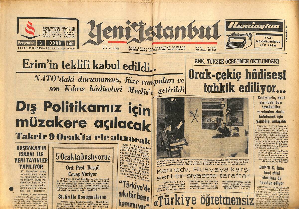 Yeni İstanbul Gazetesi 3 Ocak 1963 - Cahit Önel'in Kupası Galatasaray Milan Maçında Verilecek - Dış Politikamız İçin Müzakere Açılacak GZ151159 - 1