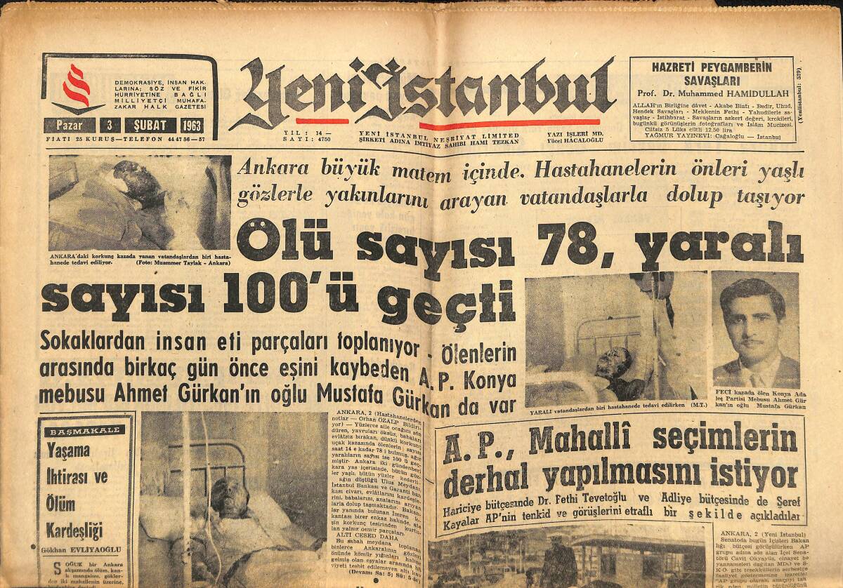 Yeni İstanbul Gazetesi 3 Şubat 1963 - Ankara Büyük Matem İçinde , Ölü Sayısı 78 Yaralı Sayısı 100'ü Geçti GZ147669 - 1