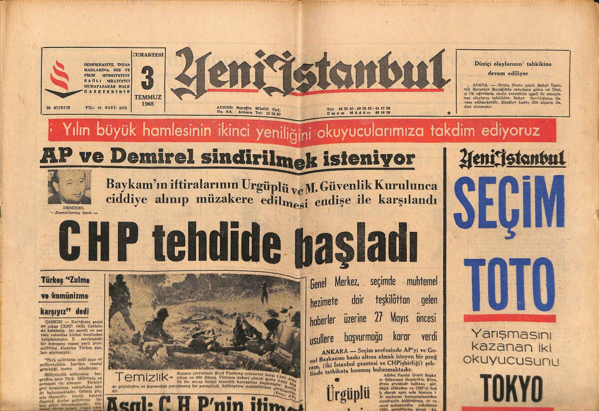 Yeni İstanbul Gazetesi 3 Temmuz 1965 - CHP Tehdide Başladı - Turizm Bakanı Meydan Okuyor GZ150862 - 1