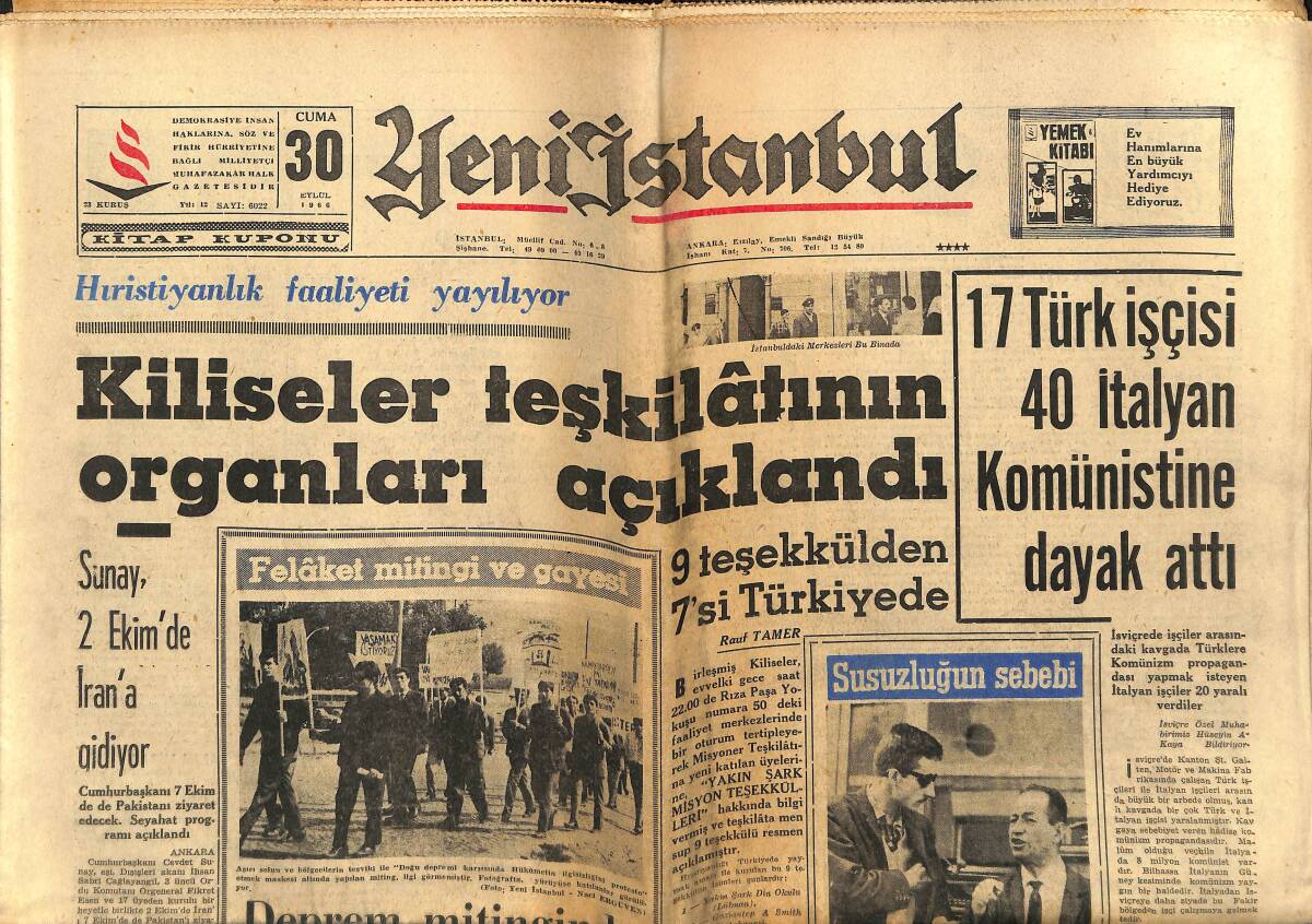 Yeni İstanbul Gazetesi 30 Eylül 1966 - Kilisler Teşkilatının Organları Açıklandı - Son Nazi: R. Hess GZ151156 - 1