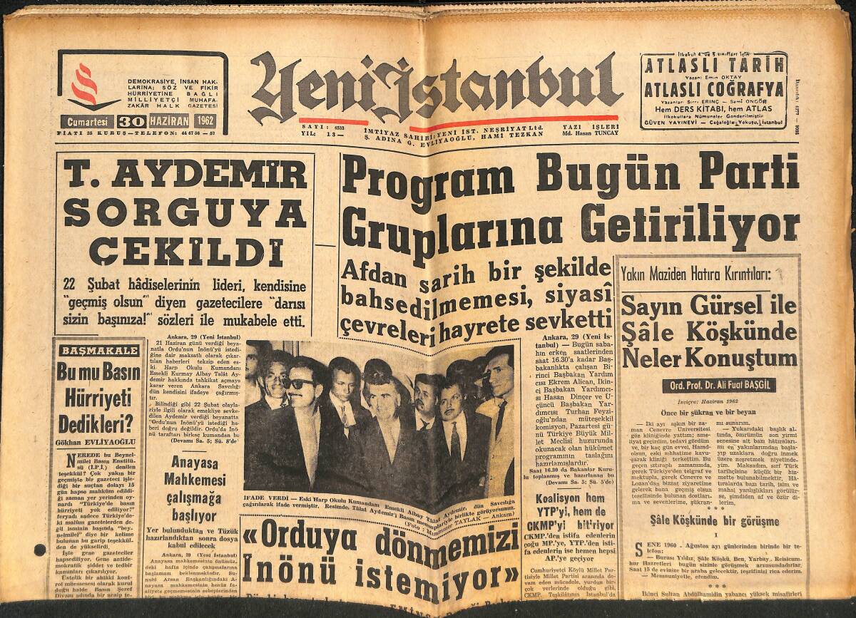 Yeni İstanbul Gazetesi 30 Haziran 1962 - Menderes'in Varislerinden Tahsil Edilecek Para - Denizcilik Bankası Sus Payı Dağıtıyor GZ151124 - 1