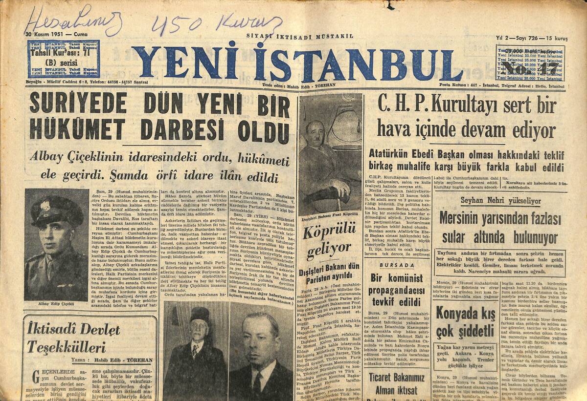Yeni İstanbul Gazetesi 30 Kasım 1951 - CHP Kurultayı Sert Bir Hava İçinde Devam Ediyor - Köprülü Geliyor GZ147639 - 1