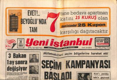 Yeni İstanbul Gazetesi 30 Mayıs 1969 - NATO Akdeniz Filosu Sonbaharda Faaliyette - Seçim Kampanyası Başladı GZ120938 - 1