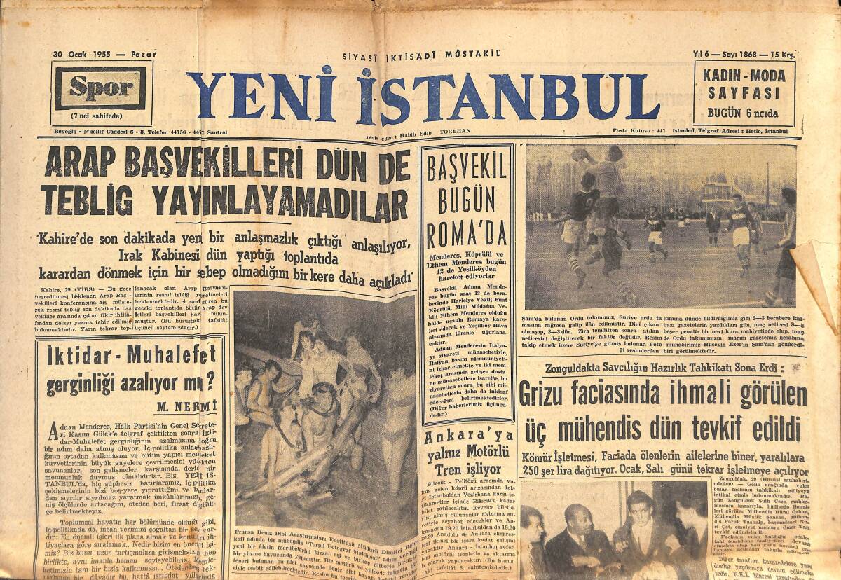 Yeni İstanbul Gazetesi 30 Ocak 1955 - Başvekil Bugün Roma'da - Beşiktaş, Beyoğluspor'a Karşı GZ133872 - 1