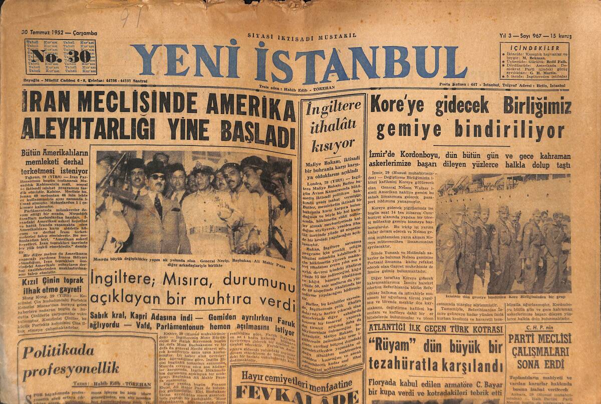 Yeni İstanbul Gazetesi 30 Temmuz 1952 - Kore Gidecek Birliğimiz Gemiye Biniyor - Stephens Collage GZ133997 - 1