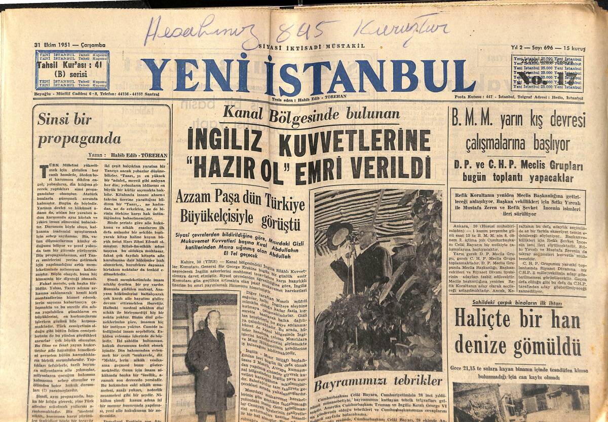 Yeni İstanbul Gazetesi 31 Ekim 1951 - Amerika Ve Arjantin'de Yeni Atom Tecrübeleri - Gülhane Hastanesi Martta İstanbul'a Nakledilecek GZ147538 - 1