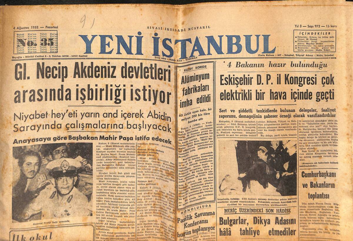 Yeni İstanbul Gazetesi 4 Ağustos 1952 - Alüminyum Fabrikaları İmha Edildi - Şahap Gürler İstifa Etmedi GZ134034 - 1