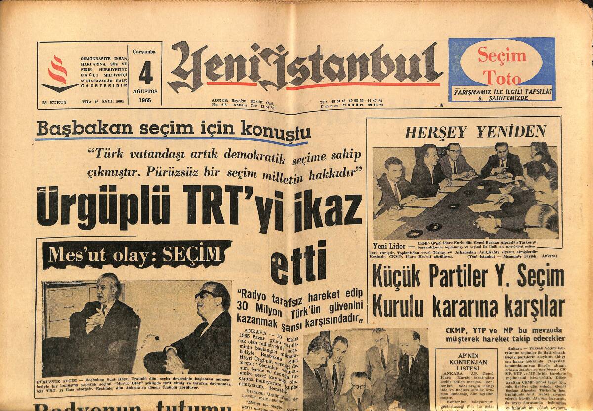 Yeni İstanbul Gazetesi 4 Ağustos 1965 - Ürgüplü TRT'yi İkaz Etti - Almanya Türkiye'den 200 Bin İşçi İstiyor GZ152811 - 1