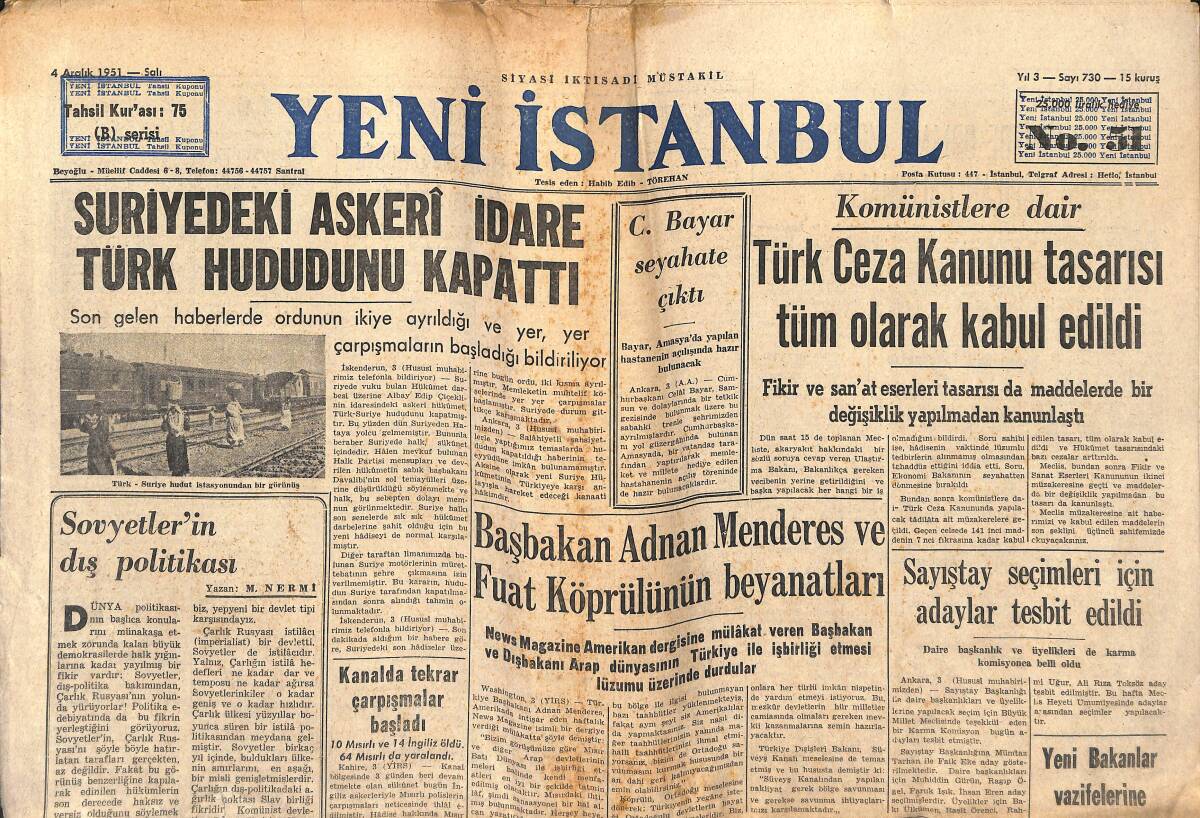 Yeni İstanbul Gazetesi 4 Aralık 1951 - Başbakan Adnan Menderes Ve Fuat Köprülü'nün Beyanatları - Eskişehir Hava Harp Okulu Dün İlk Mezunlarını Verdi GZ147550 - 1
