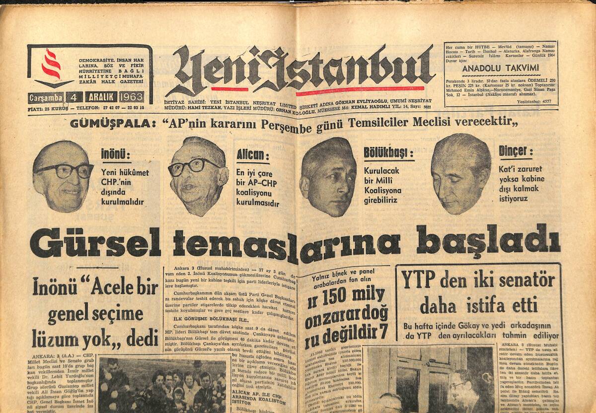 Yeni İstanbul Gazetesi 4 Aralık 1963 - Bayan Jackie Kennedy 200 Bin Mektup Aldı - Amerikan Başkanlarına Yapılan Suikastlar GZ152664 - 1