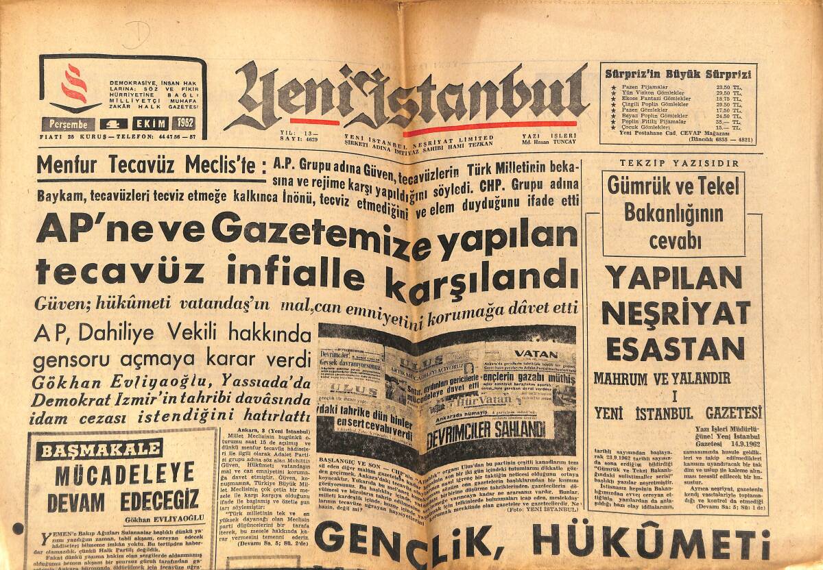 Yeni İstanbul Gazetesi 4 Ekim 1962 - Ankara'da Menfur Tecavüze Ait Resimler - AP Partisi Genel Merkezi Tahrip Ediliyor GZ147551 - 1
