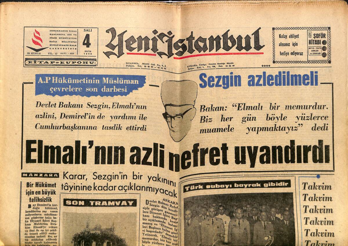 Yeni İstanbul Gazetesi 4 Ekim 1966 - Tramvaylar Artık Maden Taşıyacak - Ege Misyonerlerin Faaliyet Merkezidir - Elmalı'nın Azli Nefret Uyandırdı GZ140299 - 1