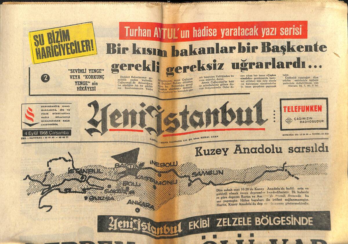 Yeni İstanbul Gazetesi 4 Eylül 1968 - Kuzey Anadolu Sarsıldı - Beşiktaş-Olimpiyakos GZ151173 - 1
