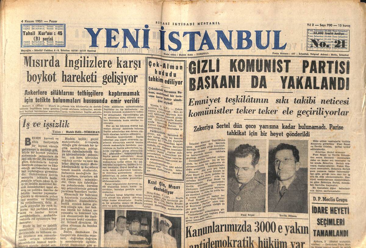 Yeni İstanbul Gazetesi 4 Kasım 1951 - Sinemanın Mucidi W. F. Greece'in Hayatına Ait Bir Film Çevrildi - Gizli Komünist Partisi Başkanı Da Yakalandı GZ147542 - 1