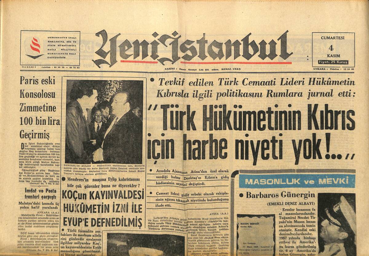 Yeni İstanbul Gazetesi 4 Kasım 1967 - Masonluk Ve Mevki: Barbaros Günergin - Koç'un Kayınvalidesi Hükümet İzni İle Eyüp'e Defnedilmiş GZ152838 - 1