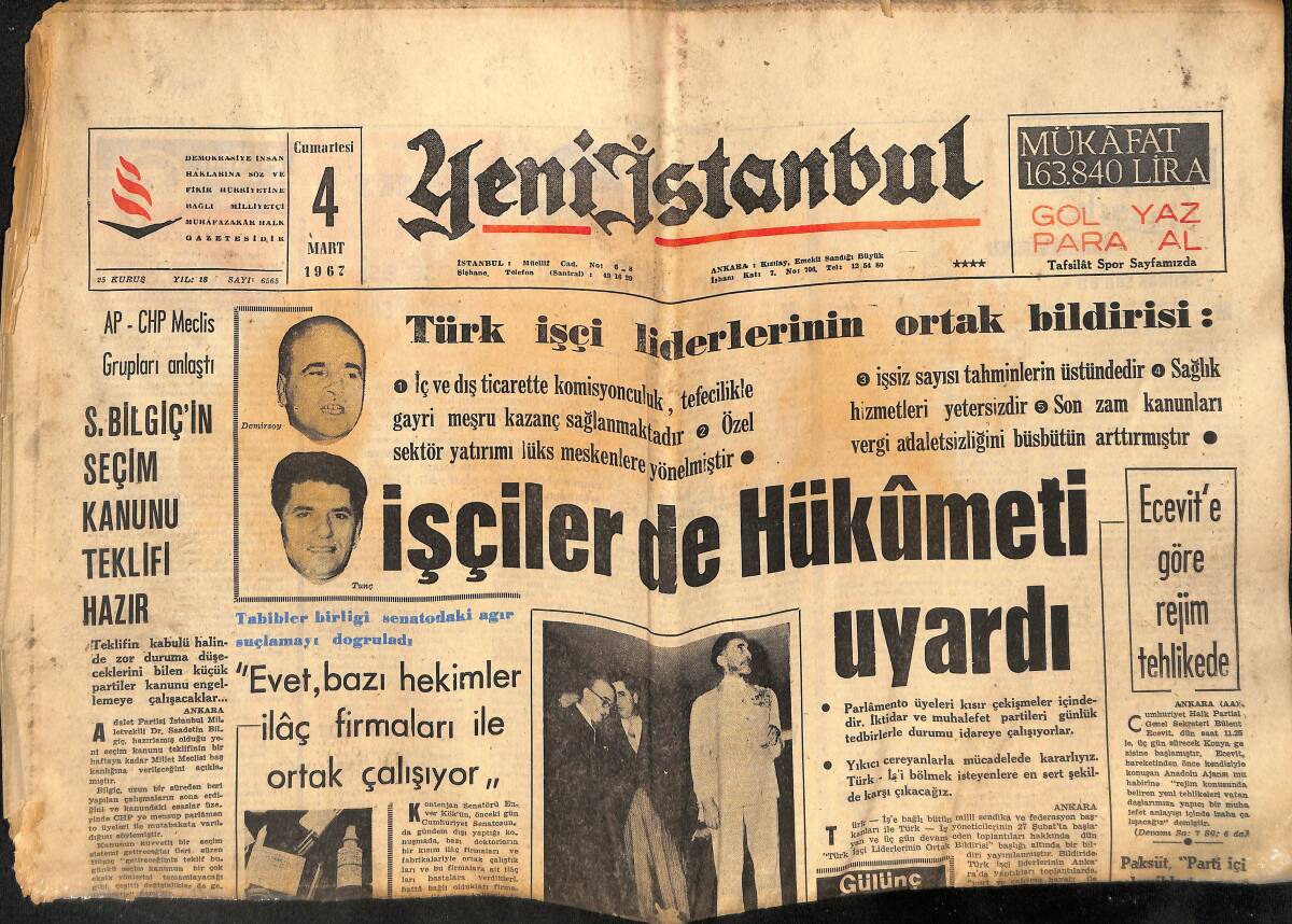 Yeni İstanbul Gazetesi 4 Mart 1967 - Bülent Ecevit'e Göre Rejim Tehlikede - TRT Kanun Tanımıyor - Milliyetçilere Açık Mektup GZ140547 - 1