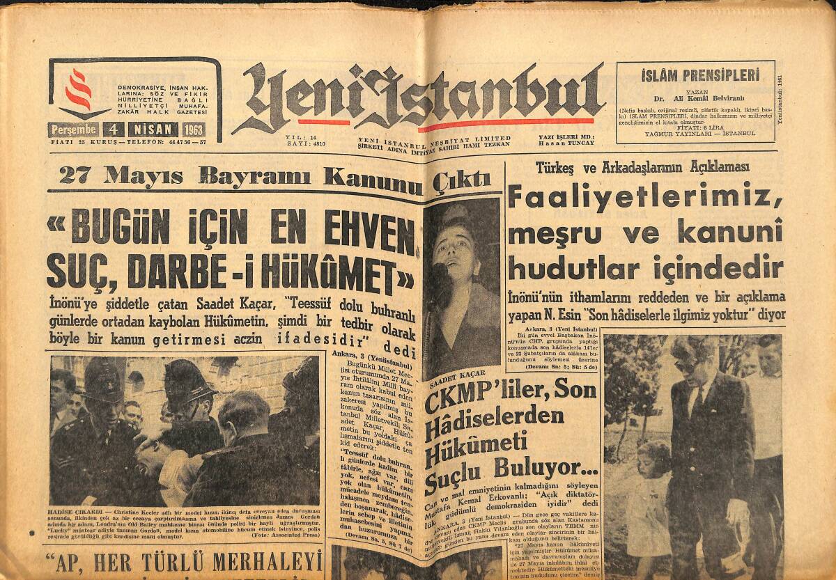 Yeni İstanbul Gazetesi 4 Nisan 1963 - Celâl Bayar Hakkında Anayasa Mahkemesi Kararını Yarın Verecek GZ147666 - 1