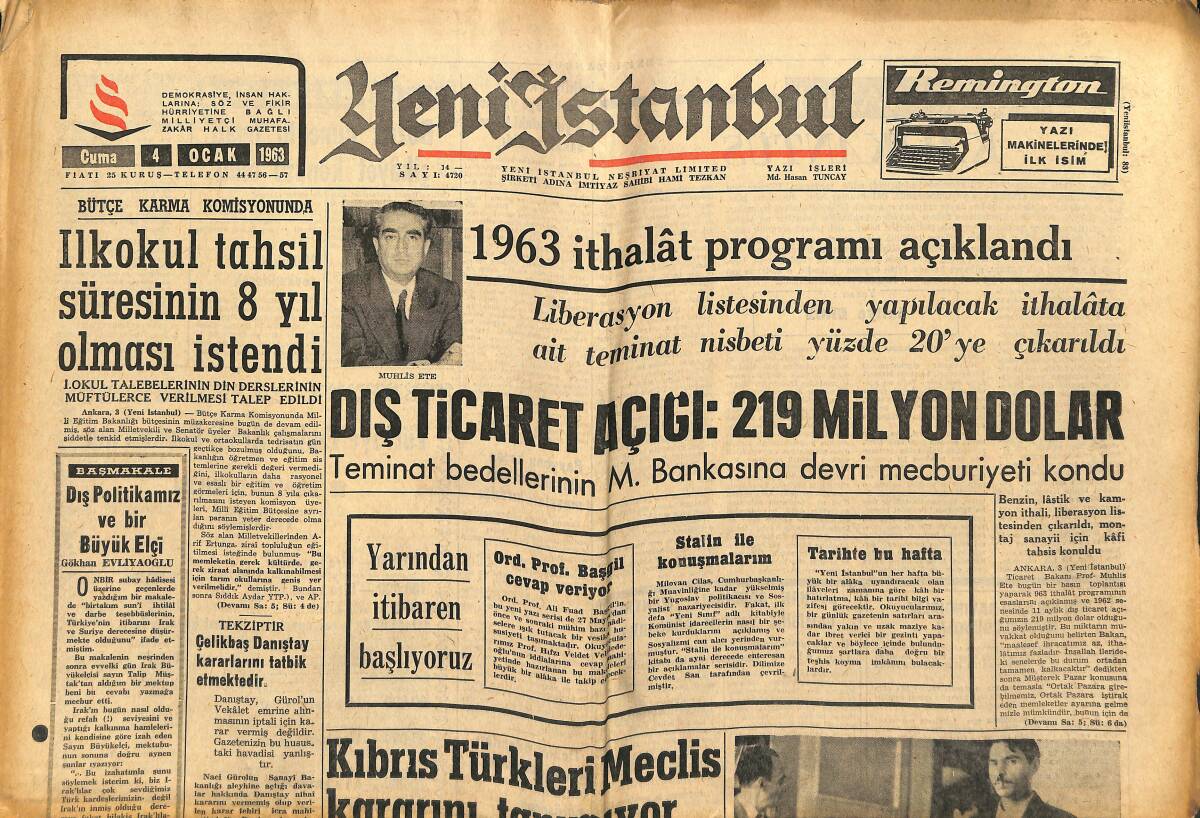 Yeni İstanbul Gazetesi 4 Ocak 1963 - Kıbrıs Türkleri Meclis Kararını Tanımıyor - Beşiktaş İsrail'e Çağrıldı GZ151161 - 1