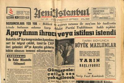 Yeni İstanbul Gazetesi 5 Ağustos 1962 - Apaydının İhracı Veya İstifası İstendi GZ76424 - 1