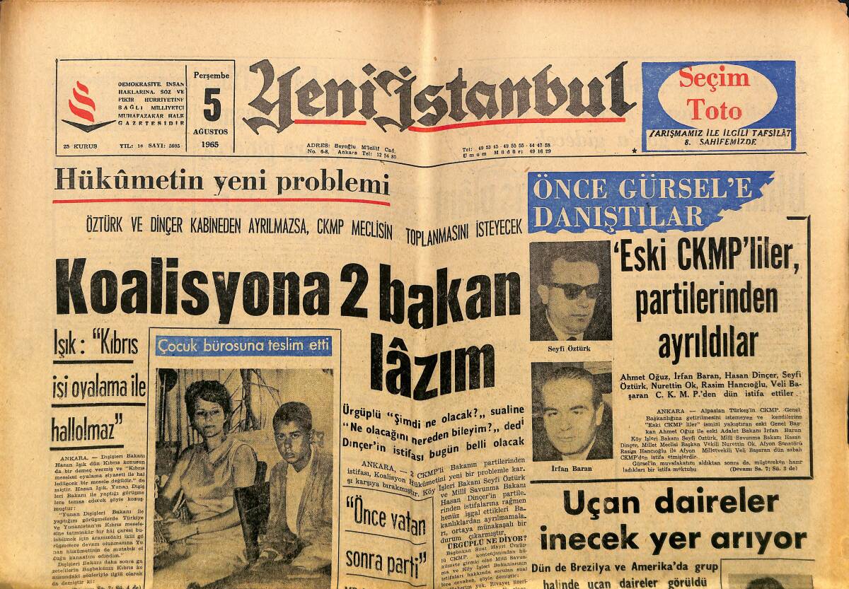 Yeni İstanbul Gazetesi 5 Ağustos 1965 - Yüksel Menderes Aydın AP Adayı - Galatasaray Kampta GZ152812 - 1