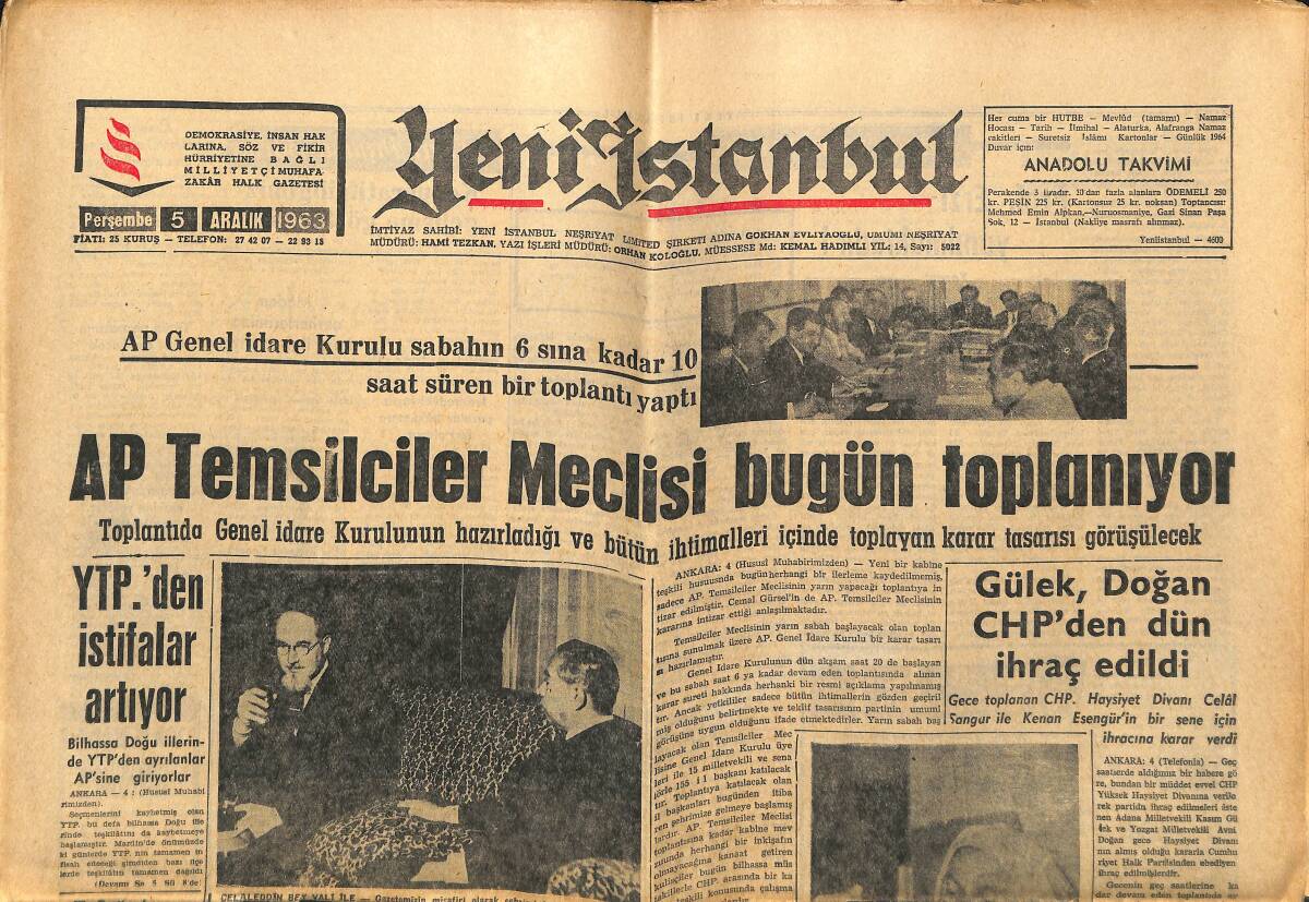 Yeni İstanbul Gazetesi 5 Aralık 1963 - Kıbrıs Anayasasını Değiştirme Gayretleri - Kennedy'nin Cenazesini İdare Eden Yüzbaşı Öldü GZ152665 - 1