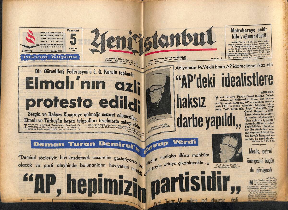 Yeni İstanbul Gazetesi 5 Aralık 1966 - İbrahim Elmalı'nın Azli Protesto Edildi - Demirel, Generallerle Bir Baraj Gezisi Yaptı! GZ146011 - 1