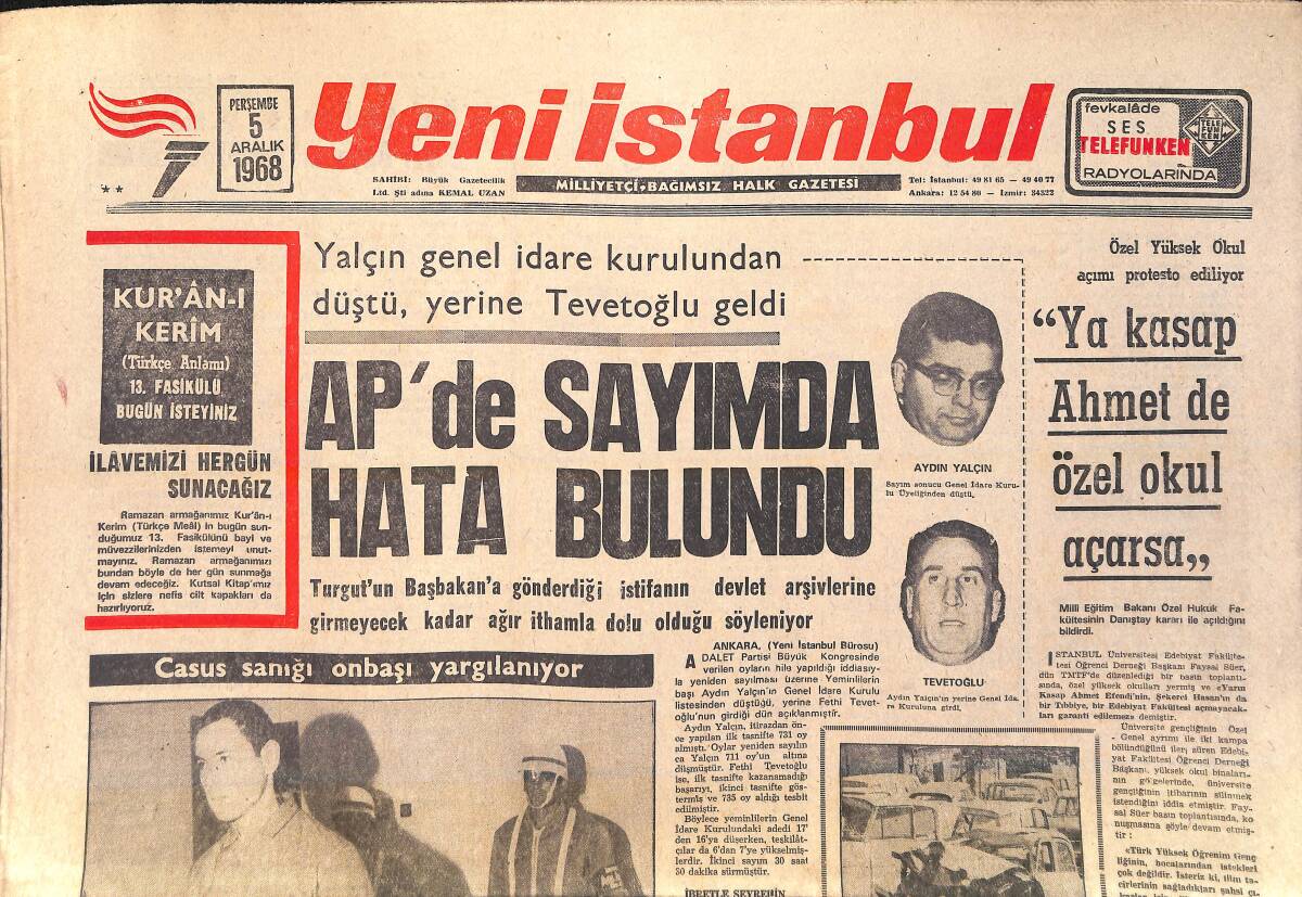 Yeni İstanbul Gazetesi 5 Aralık 1968 - Fenerbahçe'de En Uzun Gün - AP'de Sayımda Hata Bulundu GZ156858 - 1