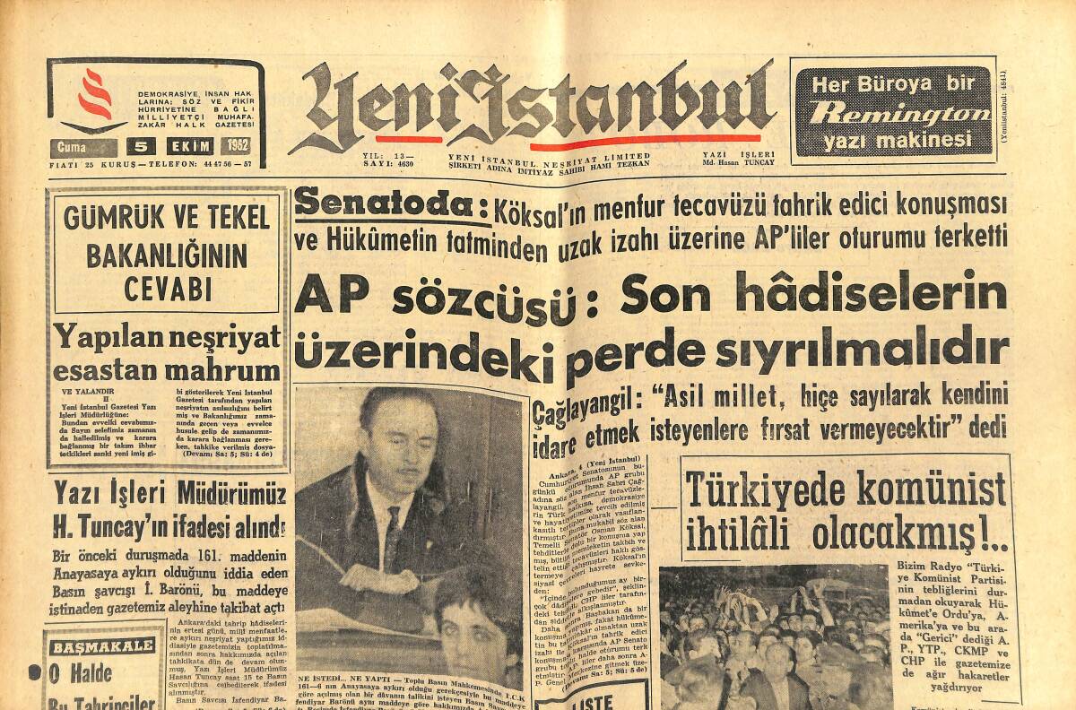 Yeni İstanbul Gazetesi 5 Ekim 1962 - Türkiye'de Komünist İhtilali Olacakmış - Amerikan Astronotunun Durumu İyi GZ151164 - 1