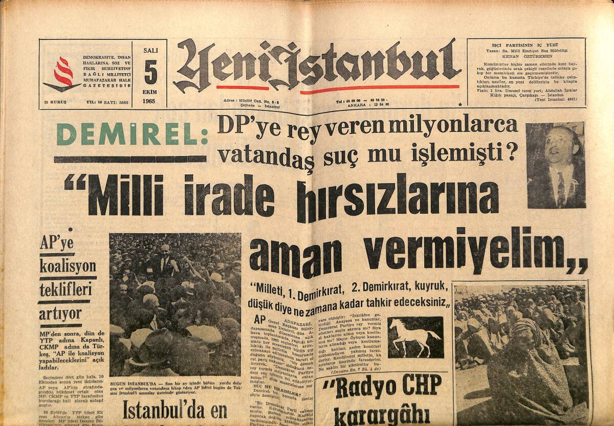 Yeni İstanbul Gazetesi 5 Ekim 1965 - Sukarno'yu Hapsetmişler - Y. Menderes Omuzlara Alındı GZ152738 - 1