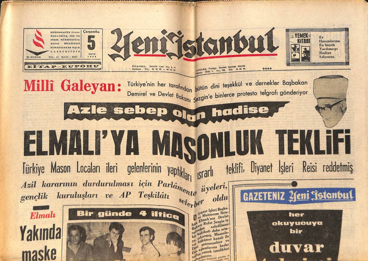 Yeni İstanbul Gazetesi 5 Ekim 1966 - Elmalı'ya Masonluk Teklifi - Ajax, Beşiktaş Karşısında GZ151112 - 1