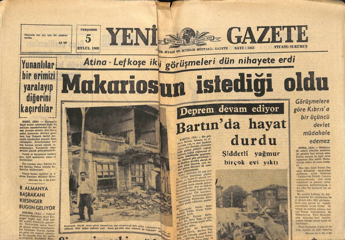 Yeni İstanbul Gazetesi 5 Eylül 1968 - Makarios'un İstediği Oldu - Farah Diba Bircend'i Gezerken Ağladı GZ147660 - 1