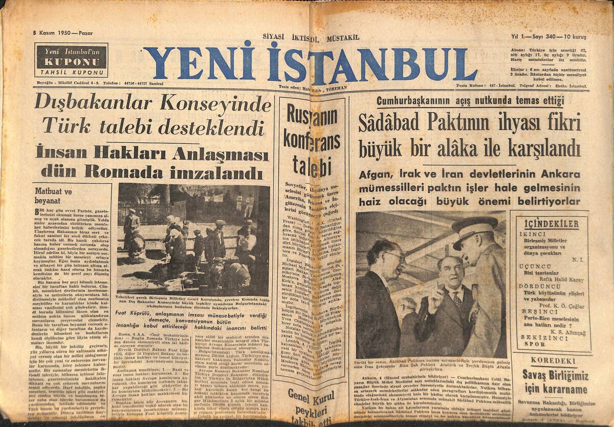 Yeni İstanbul Gazetesi 5 Kasım 1950 - İnsan Hakları Anlaşması Dün Roma'da İmzalandı - Fenerbahçe Kasımpaşa'yı 7-0 Yendi GZ147531 - 1