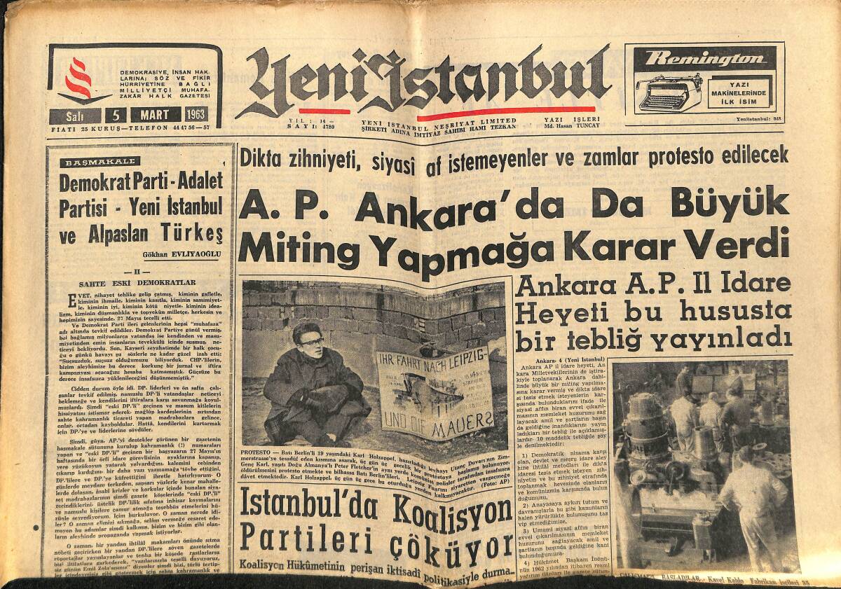 Yeni İstanbul Gazetesi 5 Mart 1963 - AP, Ankara'da Da Büyük Miting Yapmaya Karar Verdi GZ152658 - 1