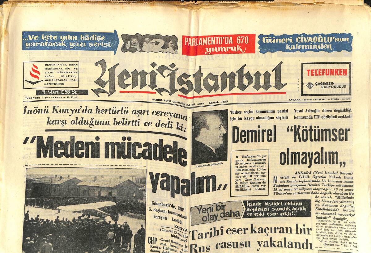 Yeni İstanbul Gazetesi 5 Mart 1968 - Demirel: Kötümser Olmayalım - Fenerbahçe 3-0 İle Varış Hattına Girdi GZ151171 - 1
