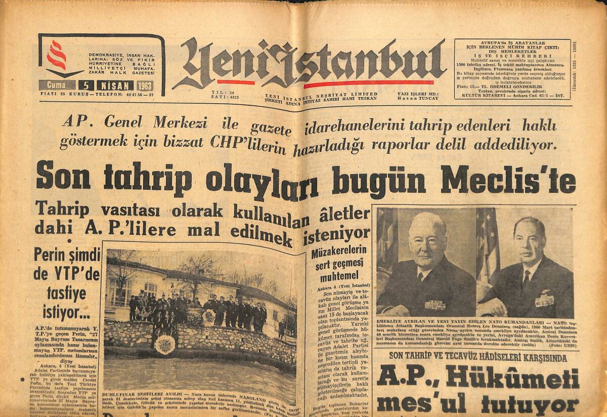 Yeni İstanbul Gazetesi 5 Nisan 1963 - Eminsu Hakkında Tahkikat Açıldı - AP Hükümeti Mes'ul Tutuyor GZ147668 - 1