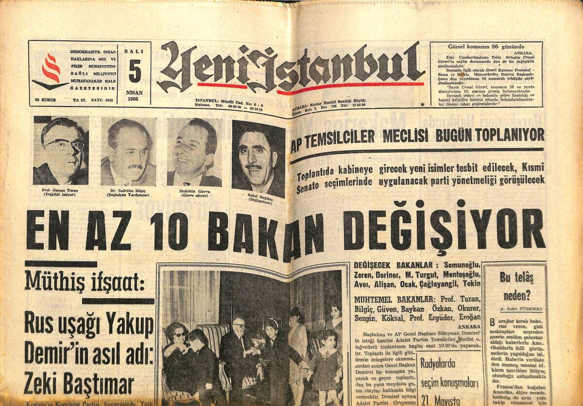 Yeni İstanbul Gazetesi 5 Nisan 1966 - En Az 10 Bakan Değişiyor - Halkın Aşırı Sola Karşı Tepkisi Çok! GZ140354 - 1