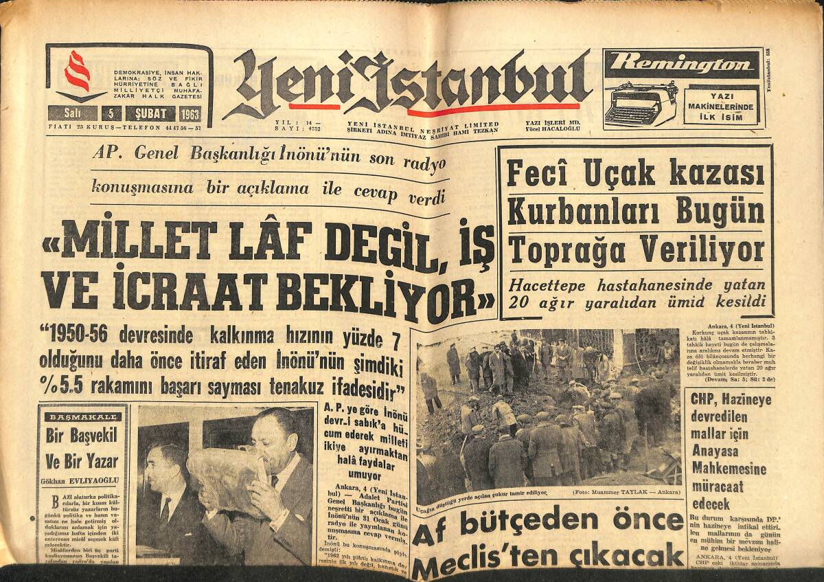 Yeni İstanbul Gazetesi 5 Şubat 1963 - Trakya'da Seylap Tren Seferlerini Aksatıyor - Af Bütçeden Önce Meclis'ten Çıkacak GZ147671 - 1