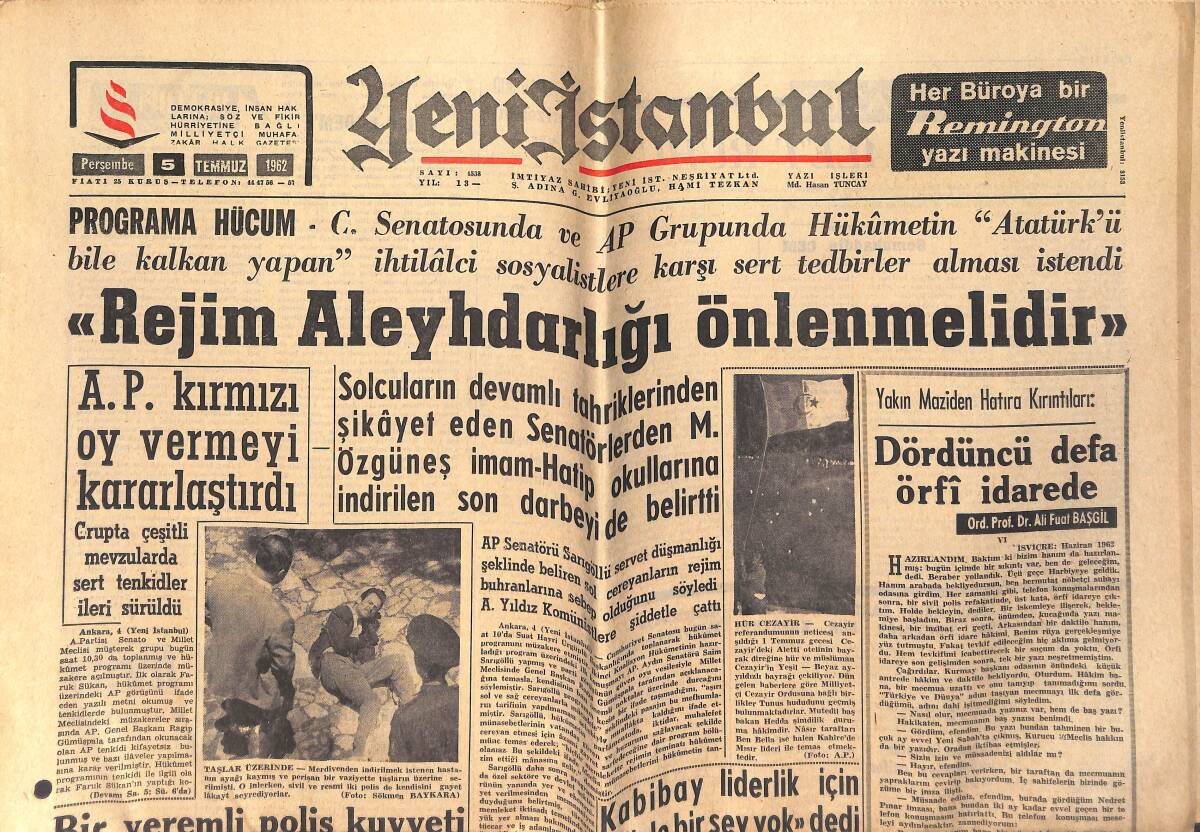 Yeni İstanbul Gazetesi 5 Temmuz 1962 - Tuncay, Fenerbahçe'ye 45 Bin Liraya Mal Oldu - Berlin Film Festivalinde İngilizler Birinci GZ153364 - 1