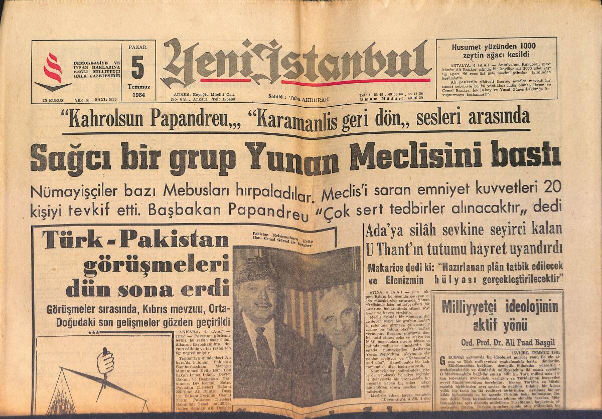 Yeni İstanbul Gazetesi 5 Temmuz 1964 - Türk-Pakistan Görüşmeleri Dün Sona Erdi - Azılı Şaki Koçero Soygunda Öldürüldü GZ158768 - 1