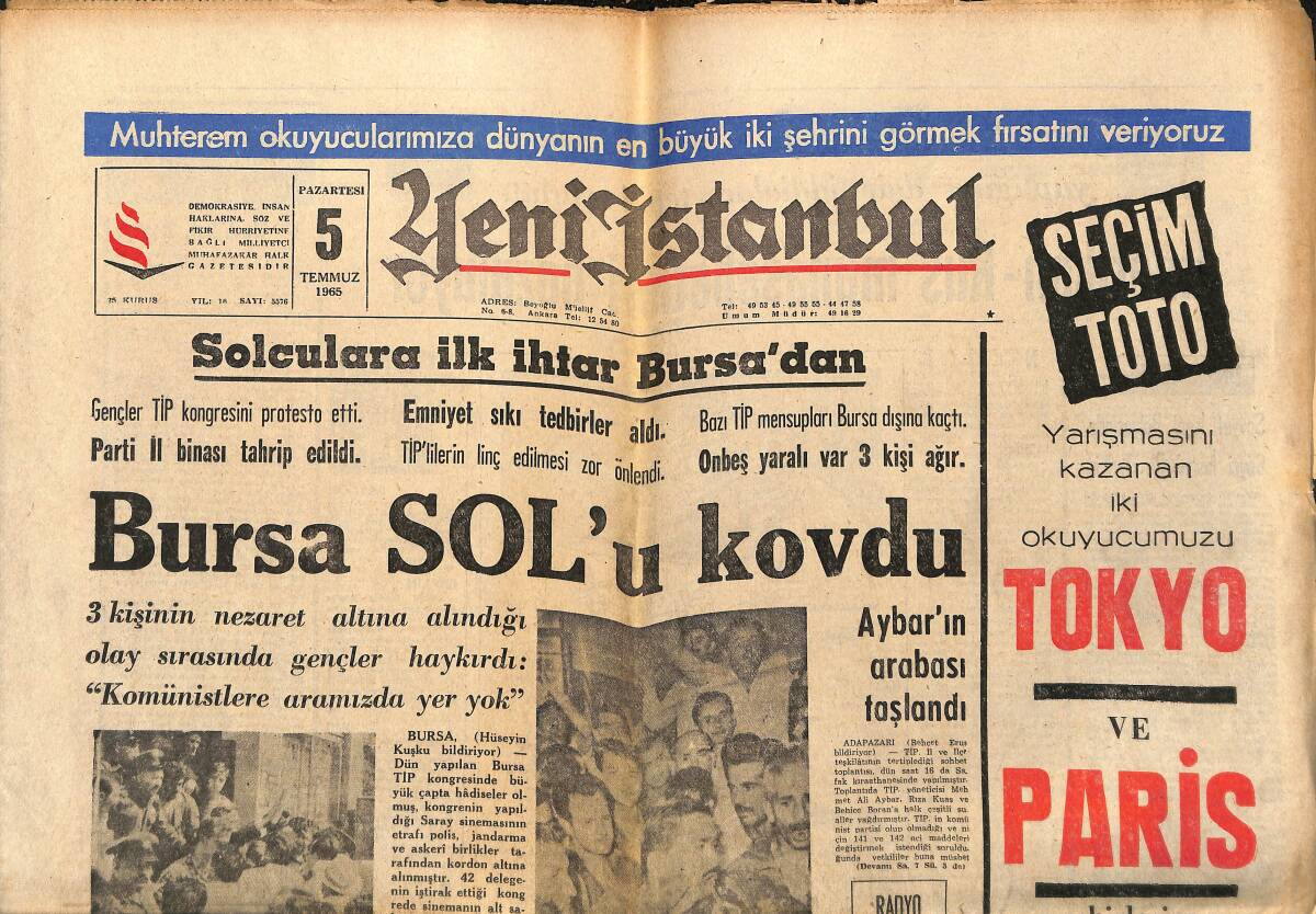 Yeni İstanbul Gazetesi 5 Temmuz 1965 - Norveç Tankeri Rumelihisarı'na Bindirdi - Bursa SOL'u Kovdu GZ150864 - 1