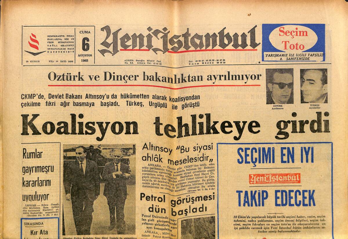 Yeni İstanbul Gazetesi 6 Ağustos 1965 - Yunanlılar Milli Hükümet İstiyor - Atom Bombası Ve Bugünkü Durum GZ152813 - 1