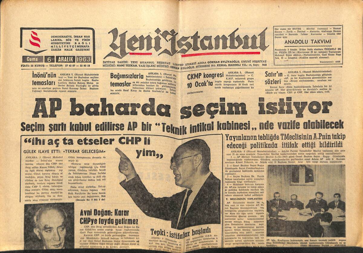 Yeni İstanbul Gazetesi 6 Aralık 1963 - Mevlana'ya Gerici Dendi - Yüz Yılda Öldürülen Devlet Adamları GZ152666 - 1