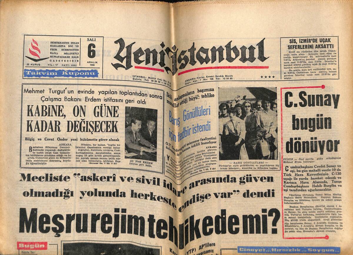 Yeni İstanbul Gazetesi 6 Aralık 1966 - Meşru Rejim Tehlikede Mi? - Çek'ler, Milli Takımımızı 83-79 Yenerek Kupayı Aldı! GZ146022 - 1