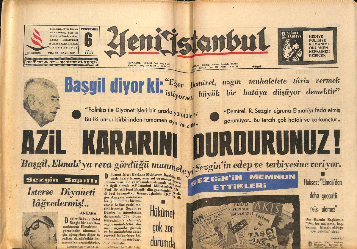 Yeni İstanbul Gazetesi 6 Ekim 1966 - Masonlar Elmalı'ya Bölge Temsilciliği Teklif Etmiş - Beşiktaş Elendi GZ151113 - 1