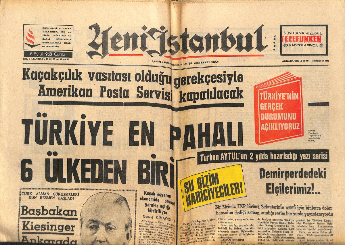 Yeni İstanbul Gazetesi 6 Eylül 1968 - Türkiye En Pahalı 6 Ülkeden Biri - Çekler'in Özgürlük Rüyasına Ruslar'ın Tekmesi İndi GZ147657 - 1